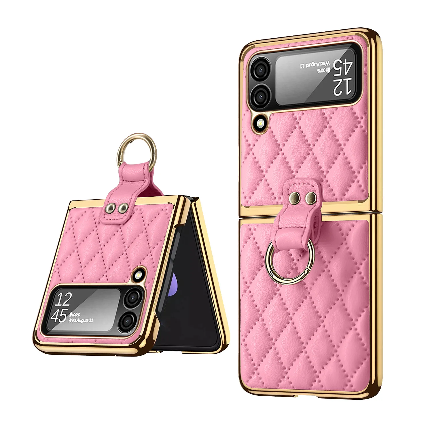 

For Samsung Galaxy Z Flip 3 4 Flip4 Flip3 5G Phone Case Plain Folding Phone with Ring Stand Holder Luxury Lattice Leather Cover