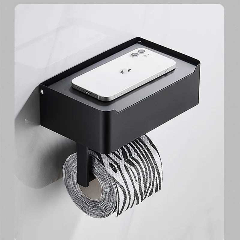 bathroom black paper holder with storage box wall mounted stainless steel phone rack toilet tissue shelf bathroom accessories free global shipping