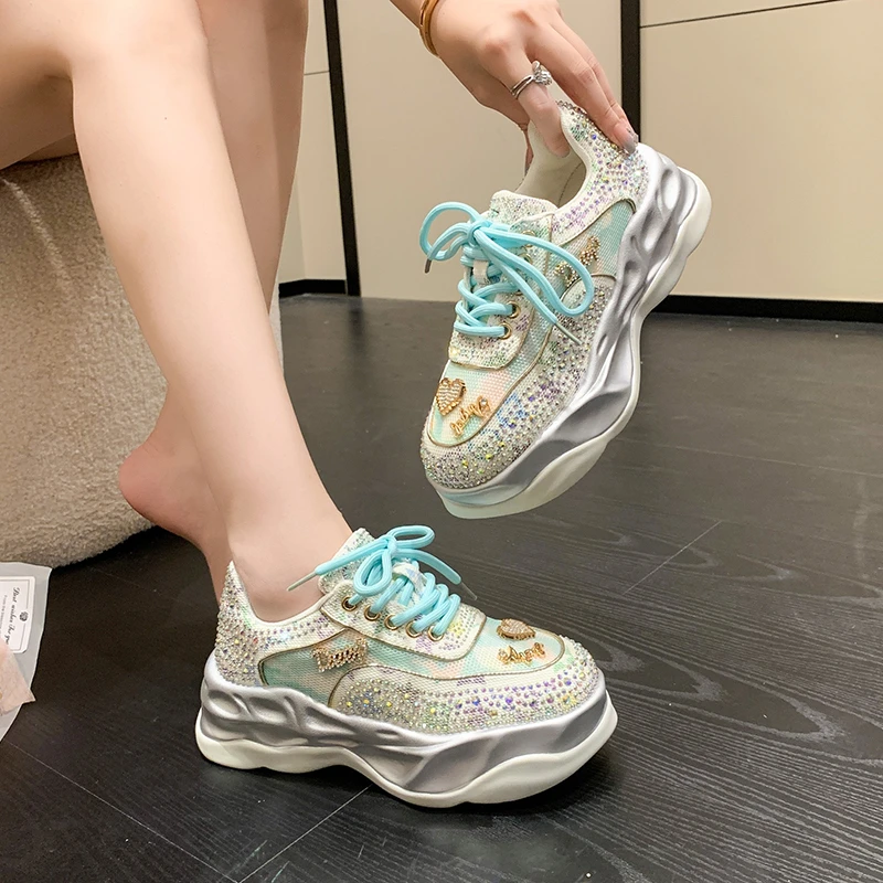 

2022 Autumn New Thick-soled Low-top Dad Shoes Rhinestone Sports Casual Trendy Shoes All-match Color Matching Women's Shoes