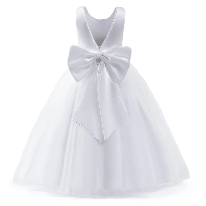 

Flower Girls Wedding Bridesmaid White Dress Backless Pearls Elegant First Communion Long Gown Bow Teen Princess Party Prom Dress