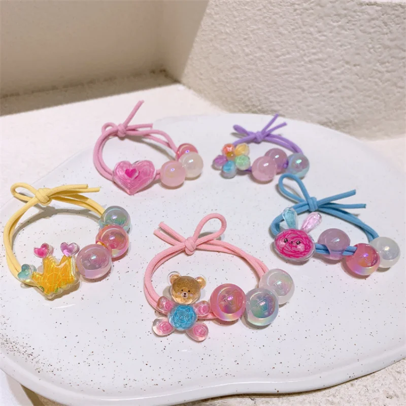 

2023 New Fashion Children's Cute Cartoon Rabbit Hair Rope Korean Sweet Girl Princess Crown Beaded Rubber Band Hair Accessories