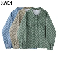 awen denim plaid shirt jacket women fashion oversized loose soft denim lattice jacket blouse korean cardigan long sleeves top