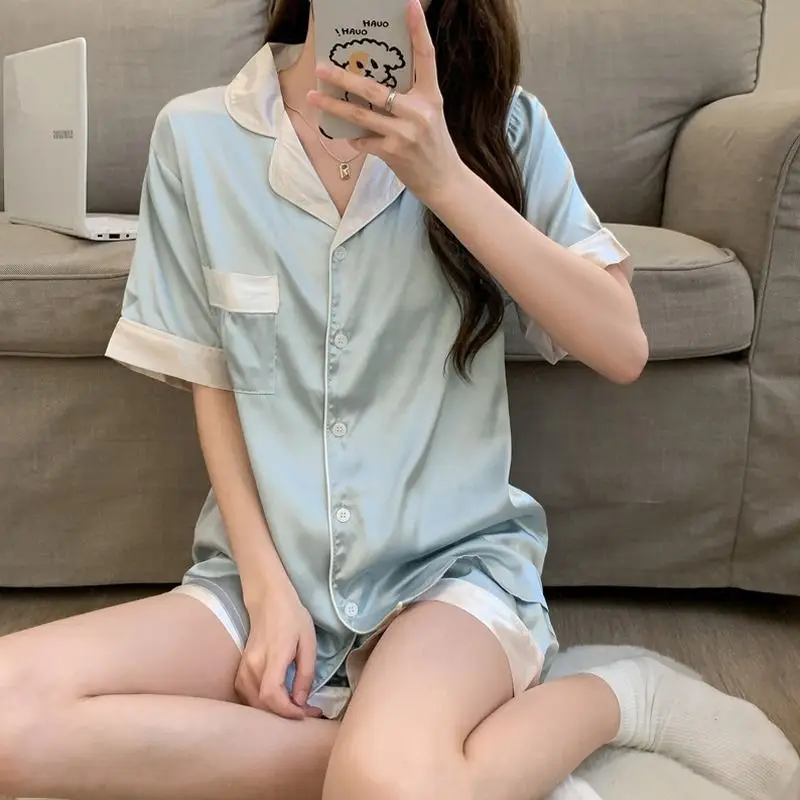 Pajamas for Women Pyjamas Simulated SILK PAJAMA Suit Terno Short Sleeve Sleepwear Two-piece Silk Housewear