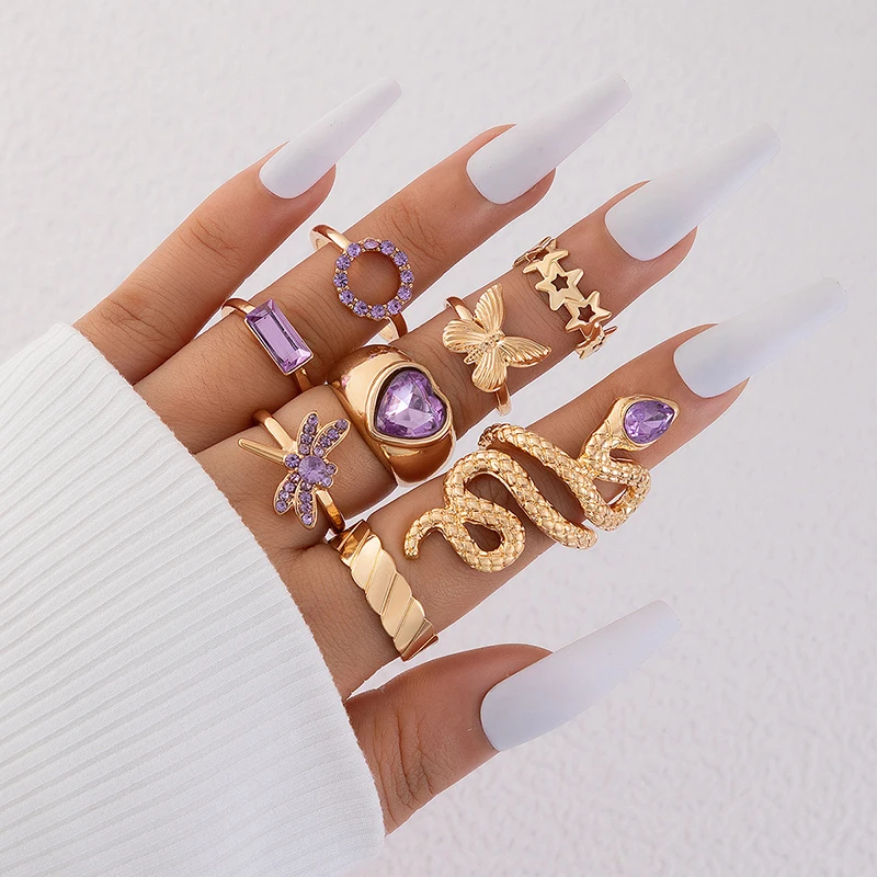 

Fashion Temperament Purple Crystal Zircon Heart Rings Set for Women Punk Dragonfly Snake Gold Color Finger Rings Party Jewelry