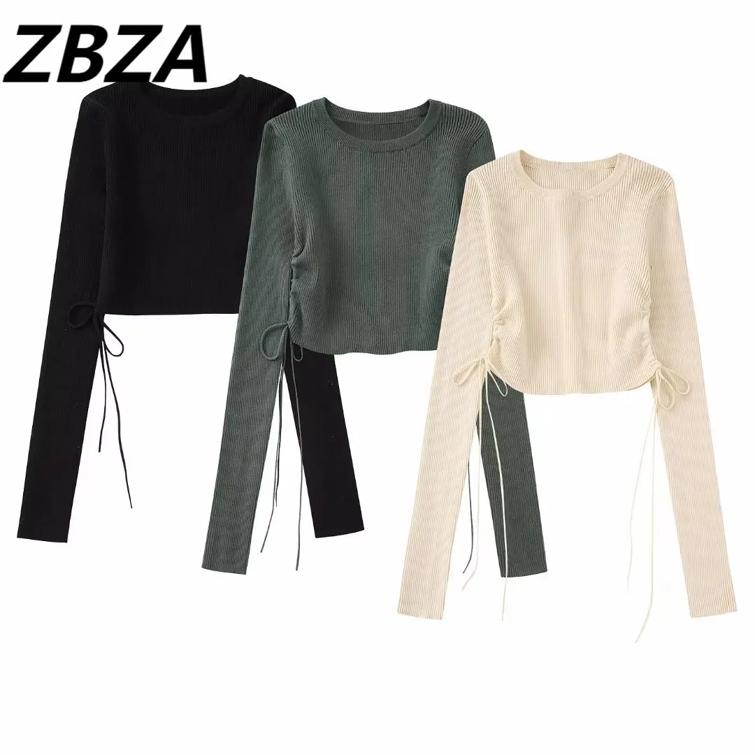 

ZBZA, новинка весны 2023, милая Модная вязаная короткая блузка с разрезом сбоку, винтажные женские рубашки с длинным рукавом, топы