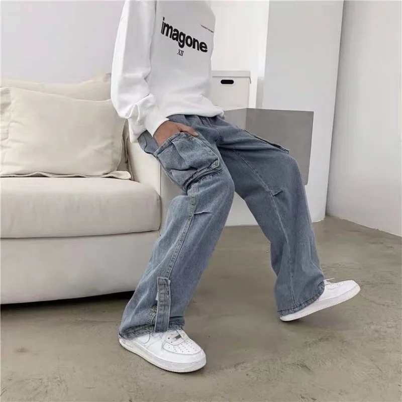Denim Trousers Male Jeans Denim Cargo Pants Baggy Wide Leg Jeans Casual Autumn Winter Korean Streetwear Hip Hop Cowboy
