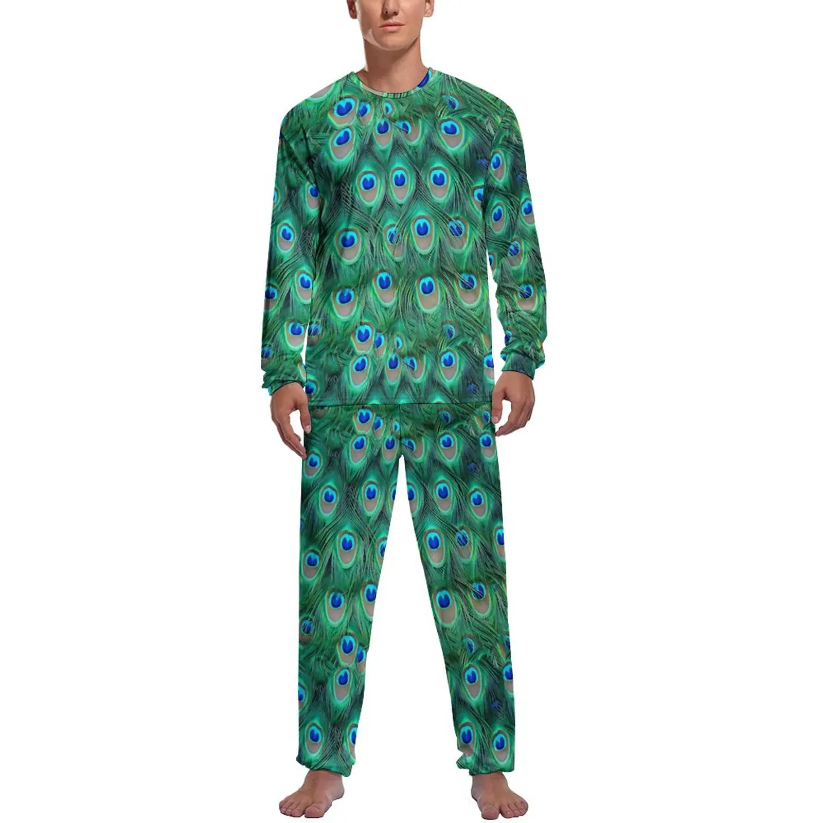 

Пижама с павлиньими перьями, Весенняя Пижама с животным принтом для отдыха, мужские дизайнерские пижамные комплекты из 2 предметов с длинным рукавом
