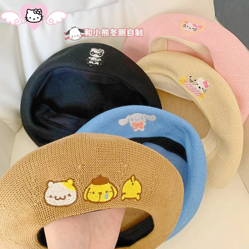 

Женский аниме берет Hello Kitty Sanrio Y2K, милая Осенняя коллекция, тонкая вышивка, подарок девушке на день рождения