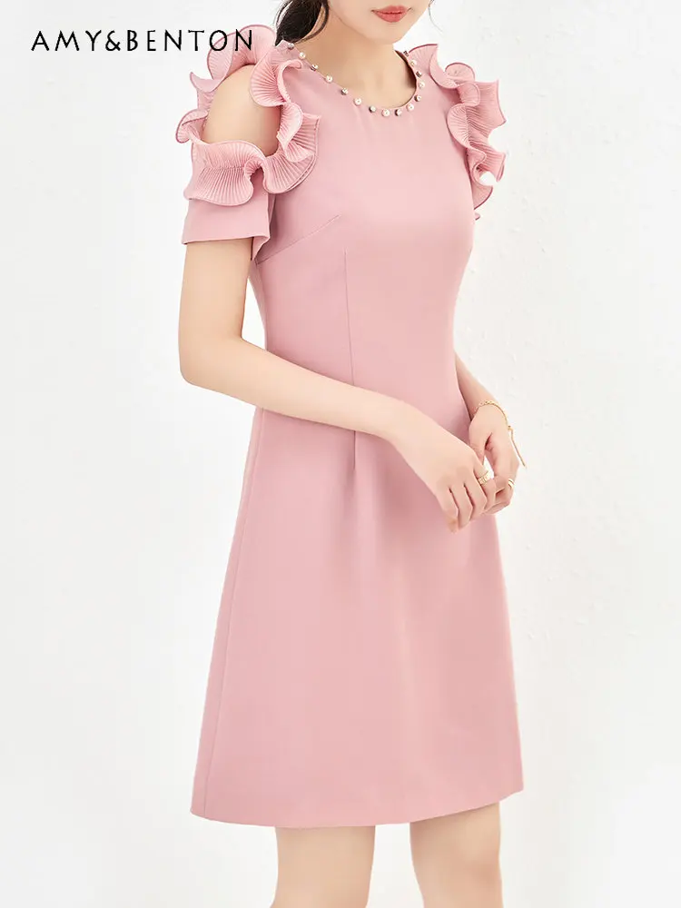 2023 Summer New Women's Clothing Socialite Temperament Entry Lux Beaded Off-Shoulder Dress Waist-Tight Slimming A- Line Dress