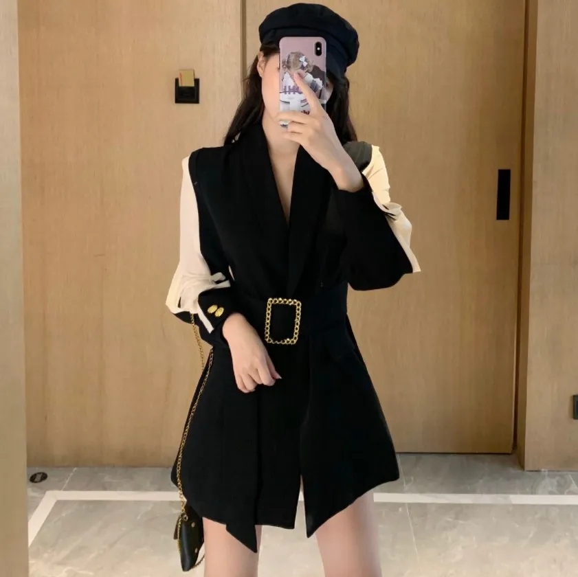 2022 New Solid Color Women Work Blazer Jacket Casual Sashes Loose Suit Jackets Female Oversized Blazer Women Waistband Outwear