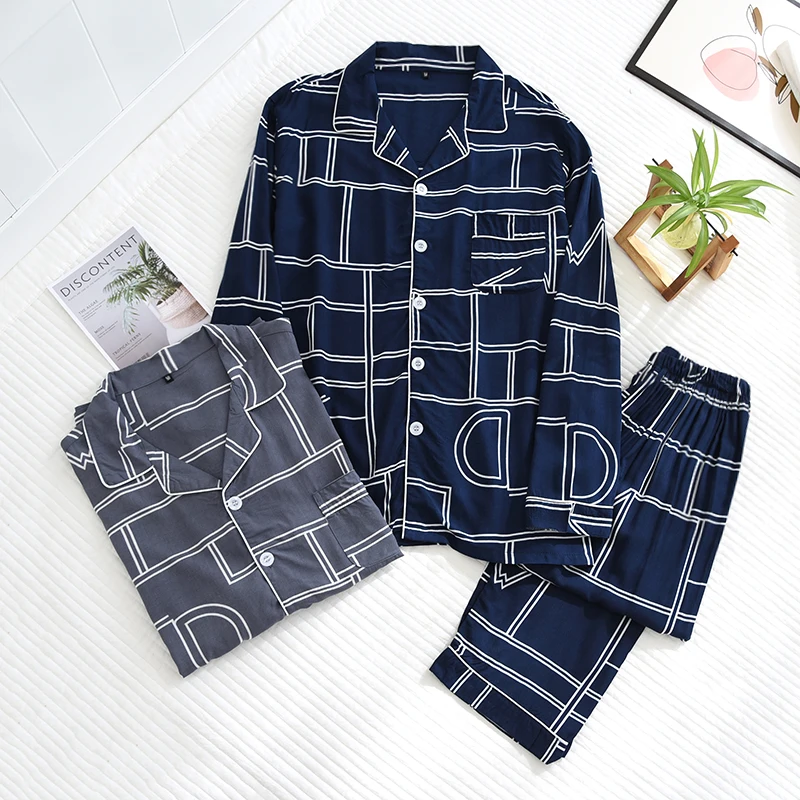 New Spring Summer Male Thin Plus Size Nightwear Geometric Cardigan Homewear Long Sleeved Trousers Viscose Pajamas For Men Sets