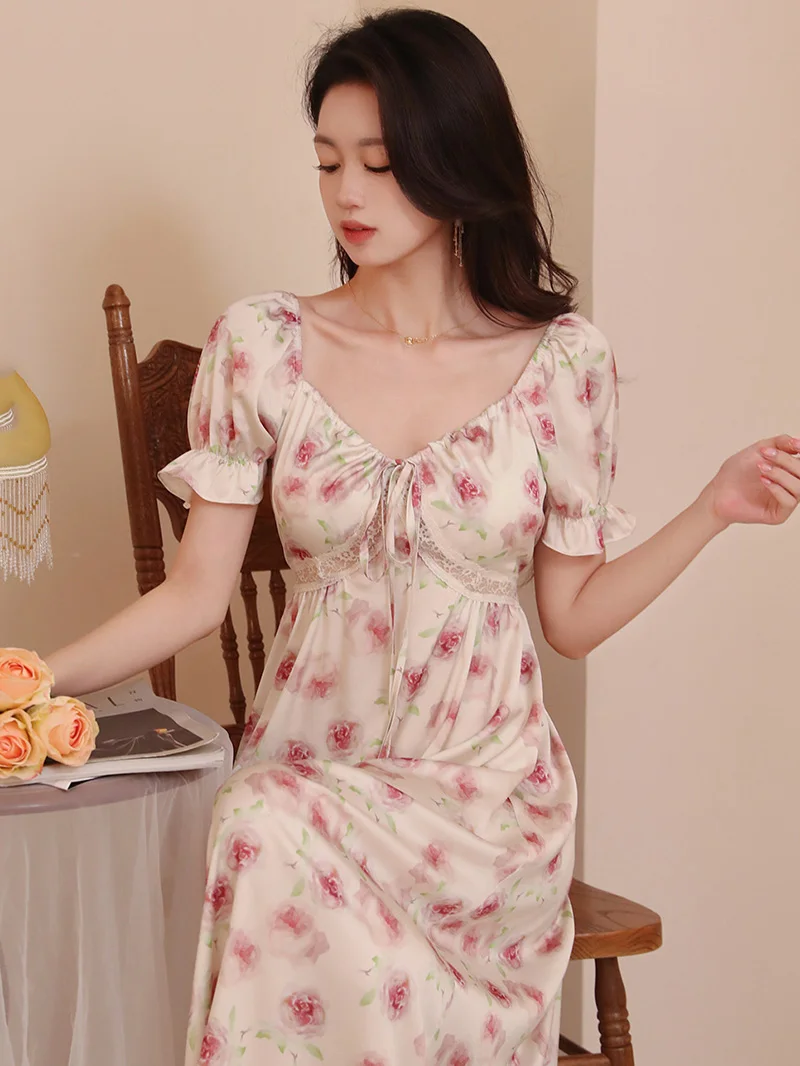 French Princess Nightgowns Pajamas Sleepwear Women Silk Summer Short Sleeve Lace-up Rose Printed Fairy Ruffles Sweet Night Dress