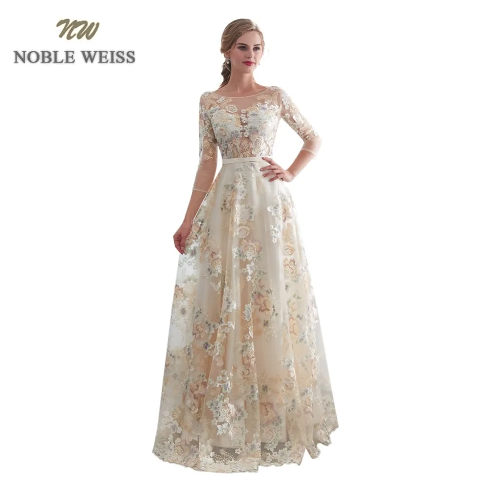 

NOBLE WEISS 3/4 Sleeves Evening Dresses 2023 Sheer O-Neck Lace Prom Gowns Formal A-Line Lace Vestido De Festa Longo