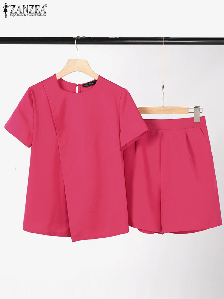 Комплект ZANZEA женский из 2 предметов ассиметричный топ с коротким рукавом и шорты