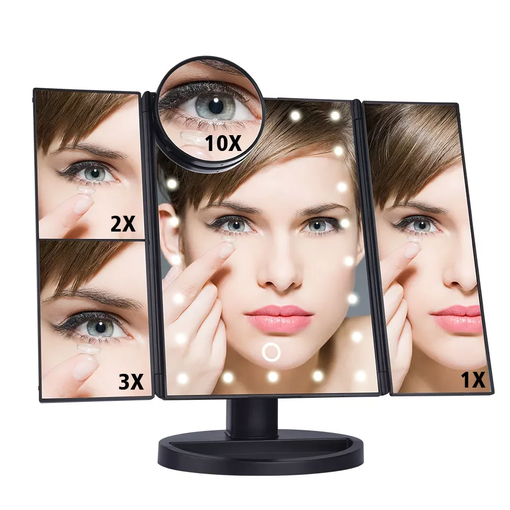 

NEW2023 Folding Adjustable 22 LED Lights Touch Screen Makeup Mirror 1X/2X/3X/10X Magnifying Mirrors Adjustable USB Or Batteries