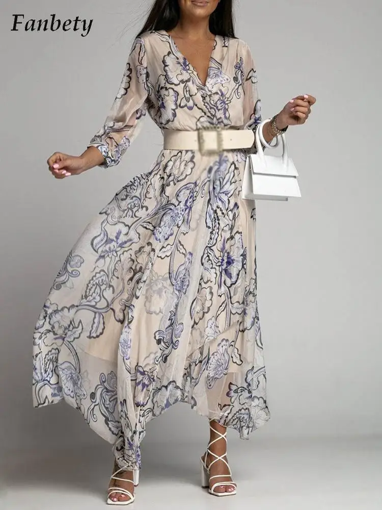 

Women Elegant Pattern Print Party Dresses 2022 Spring Fashion V-Neck Maxi Dress Ladies Casual Half Sleeve Beach Dress Vestido