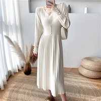 niggeey chic elegant knitted dress women winter long sleeve v neck white midi dress ladies korean style dress vestidos