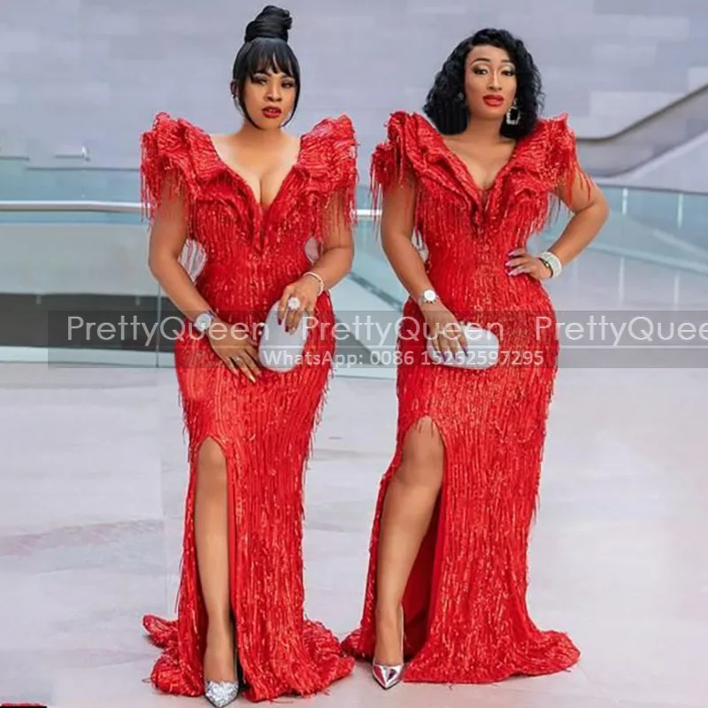

Red Sequins Tassel Prom Dresses With Sleeves Mermaid Side Split Deep V Neck Long Plus Side Women Party Dresses Formal Gown