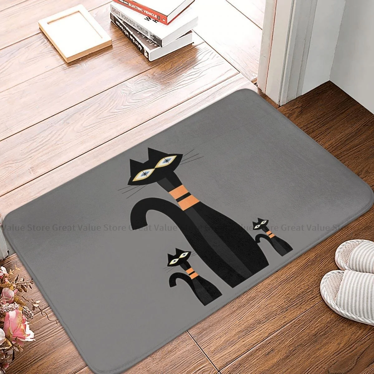 

Mid Century Meow Black Cat Animal Bath Non-Slip Carpet Family Living Room Mat Entrance Door Doormat Floor Decoration Rug