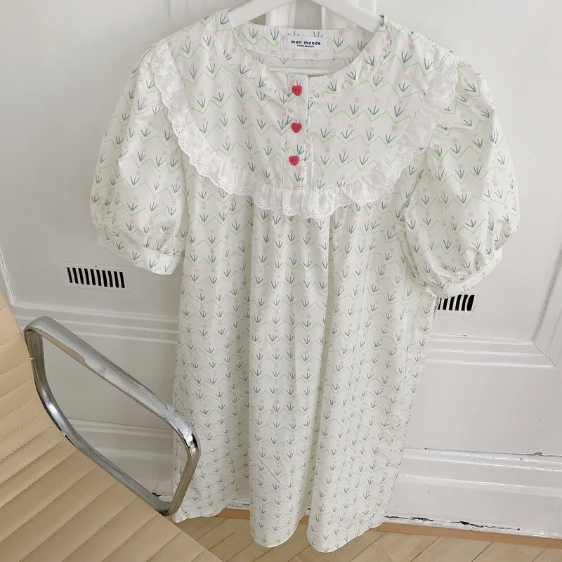 Women's Pajamas Night Dress Korean Fashion Lounge Wear Floral Lace Round Neck Cotton Sleeve Sleepdress Nightgown Women Cotton