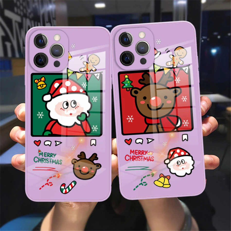 

2023 New Year Christmas Santa Claus Elk Phone Cover For iPhone 11 12 13 14 Pro Max X XR XSMax 14Plus Purple Tempered bumper Case