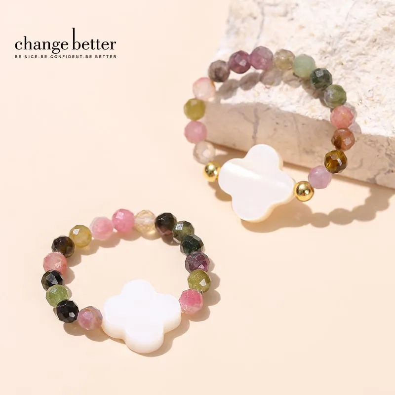 

Change Better Faceted Natural Tourmaline Beads Shell Four-Leaf Clover Handmade Ring Women Energy Stone Stretch Rope Strand Ring