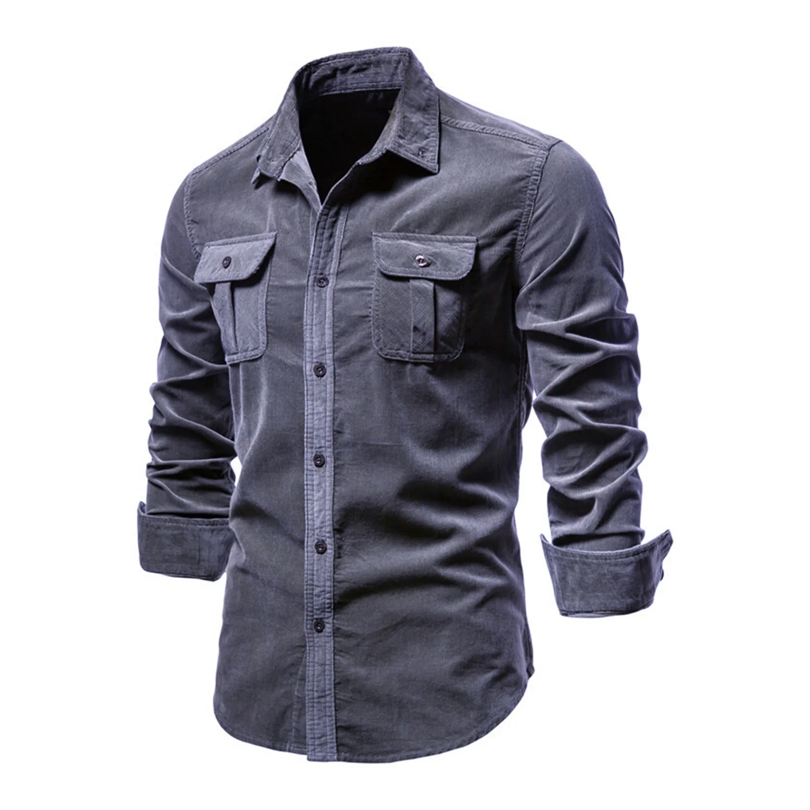 Xfh 2021 New Single Breasted 100% Cotton Men's Shirt Business Casual Fashion Solid Color Corduroy Men Shirts Autumn Slim Shirt