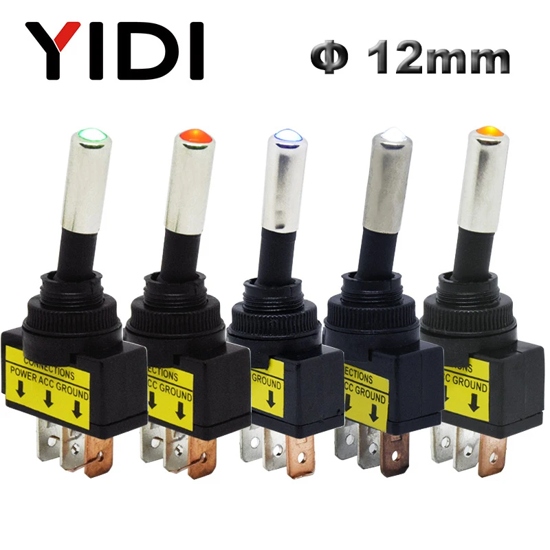 

12mm ASW-15D 20A Toggle Switch ON OFF 12V 24V DC Red Green Blue Yellow White LED Illuminated Car Auto Rocker Switch 3pin SPST