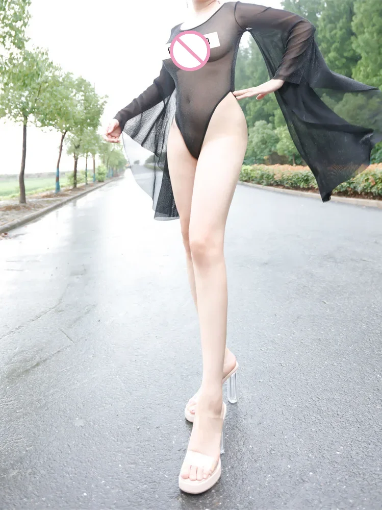Тонкий сексуальный цельный пикантный прозрачный комбинезон с рукавом-пагодой в