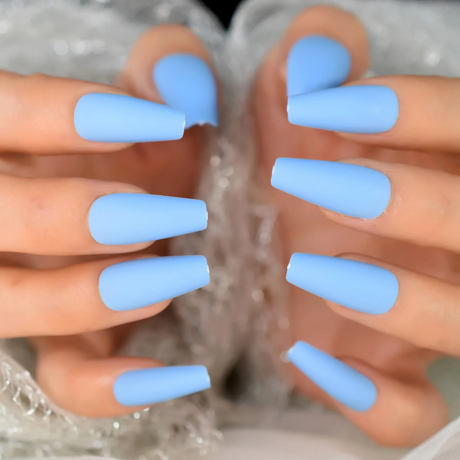 Long Blue Press on Nails  Coffin Sky Blue Matte Faux Ongles Pure Color Art Design Daily Life Cute Date images - 6