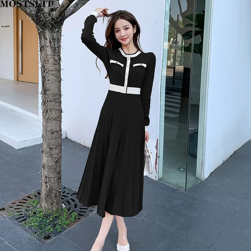 

Spring Autumn Elegant Vintage Women Knitted Pleated Dress Korean Long Sleeve Color-blocked Buttons Bodycon Dress Robe Femme