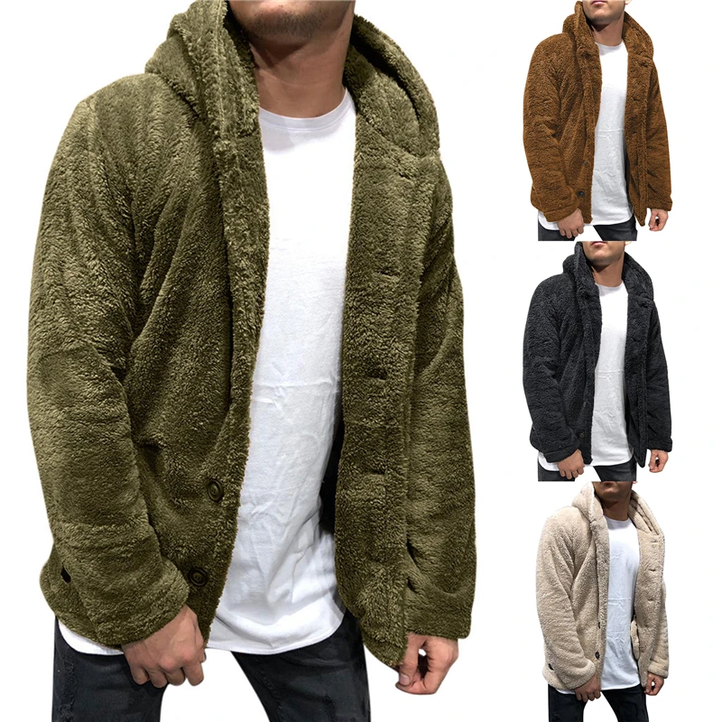 

Mens Buttons Coat Warm Faux Fur Winter Casual Loose Double-Sided Plush Hoodie Fluffy Fleece Fur Jacket Hoodies Coat Outerwear