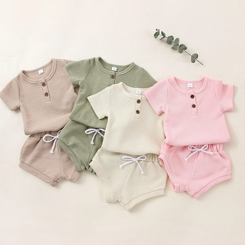 

2pcs Unisex Newborn Baby Clothes Sets Short Sleeve Plain Buttons O-Neck T-Shirt High Waist Shorts for Infant Girl Boy 0-24Months