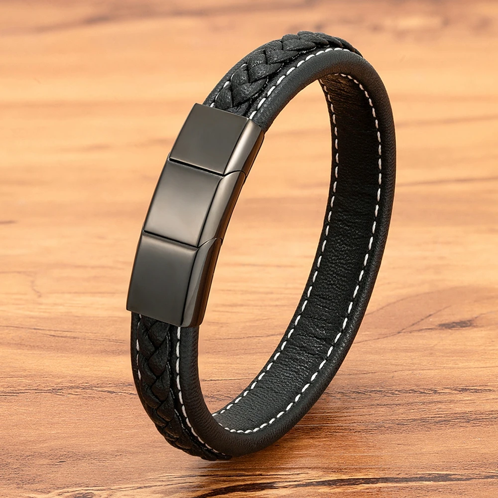 

TYO Elegant Classic Braided Leather Mens Bracelets Stainless Steel Three Magnet Buckle Bangles Jewelry Gifts for Husband Father