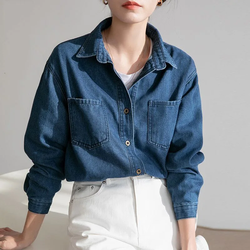 

New Women's Button Down Denim Blouse Jackets Relaxed Fit Shirt Chambray Casual Long Sleeve Collared Boyfriend Jean Shirts Top