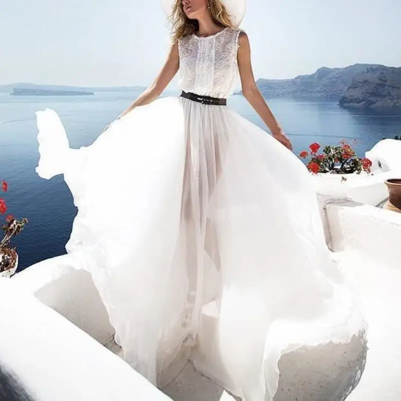 Купи CFFD-029 2022Y New Arrival White Tulle Lace Patchwork Sleeveless Women Dress O Neck Romantic Fashion Dress Prom Dress за 2,179 рублей в магазине AliExpress