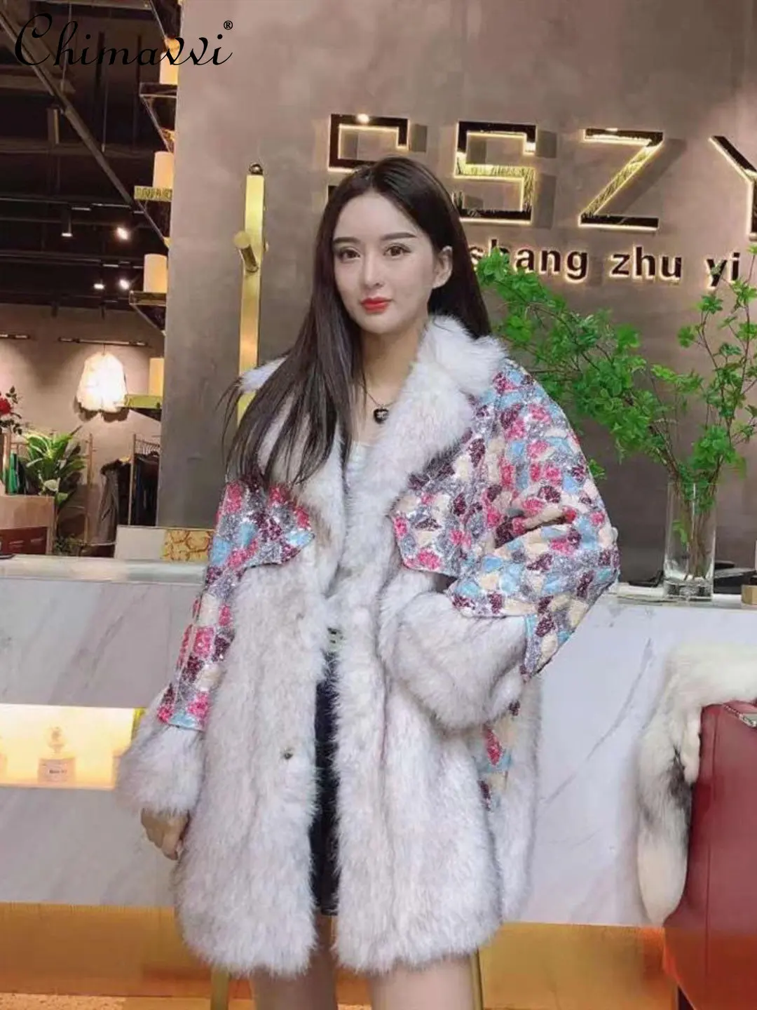 

Light Luxury Fur Coat Winter New Fashion Fur Integrated Women's Mid-Length Faux Lamb Fur Coat Motorcycle Streetwear Warm Jacket