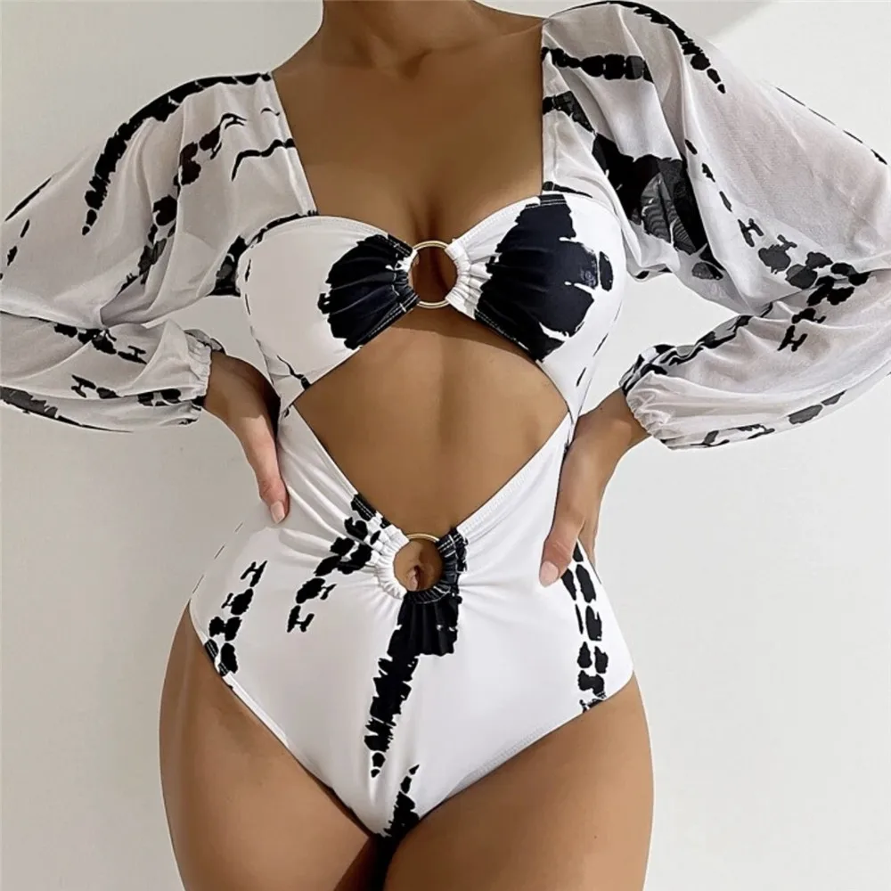 

Swimwear New Long-Sleeve One Piece Cutout Print Panel Mesh Swimsuit Bikini Sexy Bikini Push Up Brazilian Tankini Swimsuit