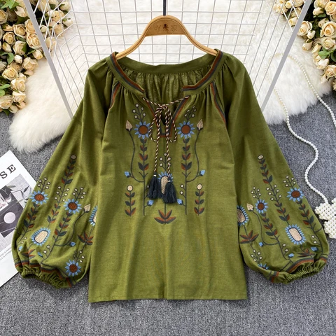 Ethnic Style Blouse O-Neck Shirts Women Loose Fit Shirt Embroidered Tops Female Casual Blouses LanternSleeve Blusas Dropshipping