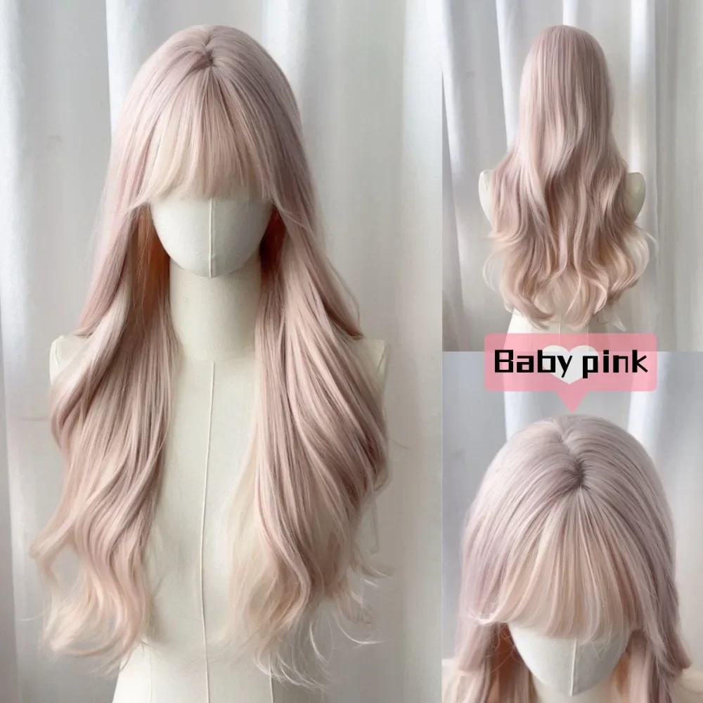 Ashely Baby Pink Wig with Bangs Long Wavy Hair Lolita for Women 24inch Natural Daily Use Cosplay Wave Headband Wigs 가발
