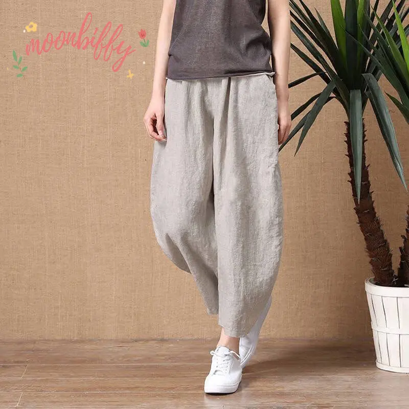 Large Size Cotton Linen Straight Summer Casual Women's Pants Solid Ankle-length Loose Elastic Waist Fashion Wide Leg Trousers