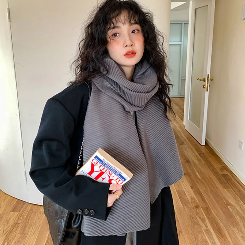 

Long Cotton Linen Pleated Scarf Fashion Women Neckscarf Solid Color Comfortable Big Shawls Japanese Style Student Scarves