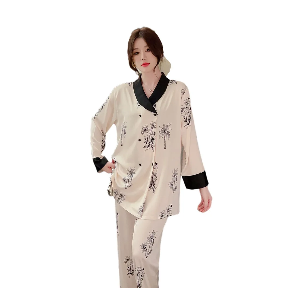 New style pajamas women's ice silk double breasted floral silk pajamas for women  loungewear women