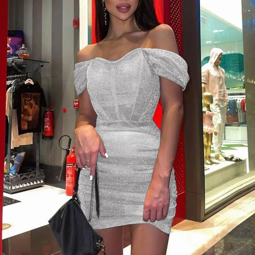 

Stretchy Sexy Sexy Women Glitter Ruched Short Mini Dress Mid-Rise Summer Dress Anti-pilling Female Clothing