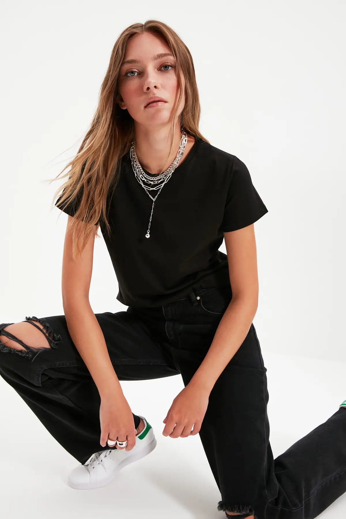 

Black 100 Cotton Cycling Neck Basic Knitted T-Shirt