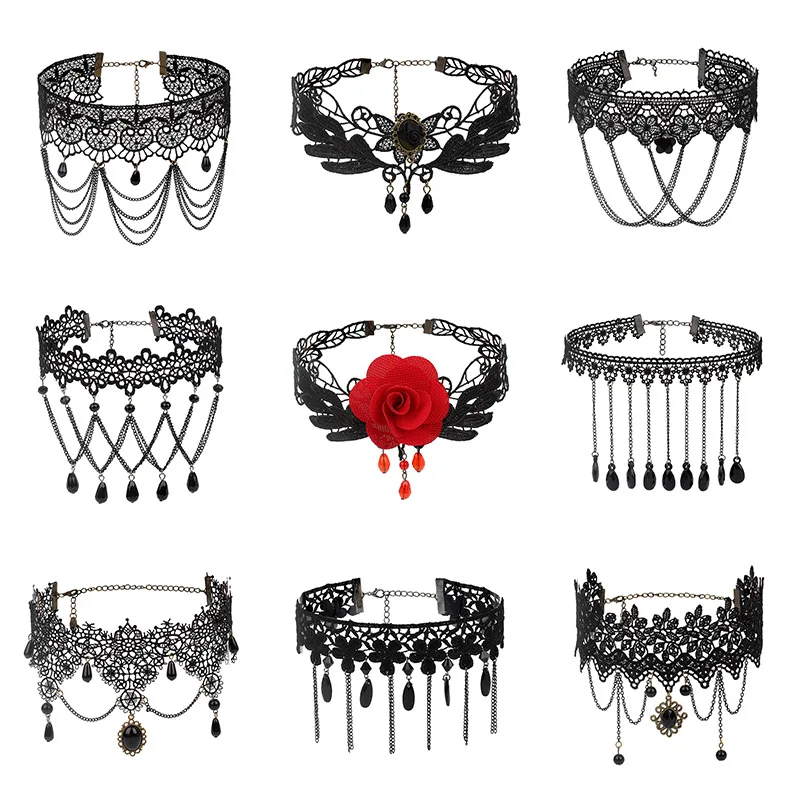 

Classic Gothic Lolita lace choker necklace Charms Vampire Cocktail Evening Party Dress goth Necklaces for women Sweet Jewelry