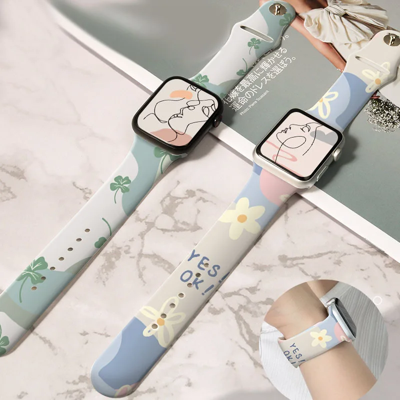

Printing Strap for Apple Watch Band 44mm 40mm 38MM 42MM Women silicone Belt Printed Bracelet iWatch Serie 7 6 SE 5 4 3 41mm 45mm