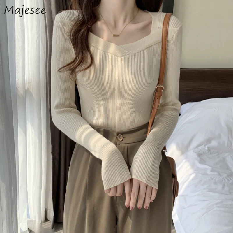 

Pullovers Women Apricot Square Collar Knitting Autumn Basic Design Solid Simple Ins Jumpers Winter M-4XL Leisure Warm Minimalist