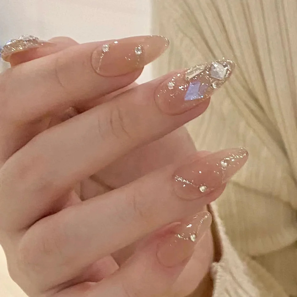

24Ps Bling Fragment Aurora Square Diamond Wearable False Nails Almond Removable Press on Nail Sweet and White Teenage Fake Nails