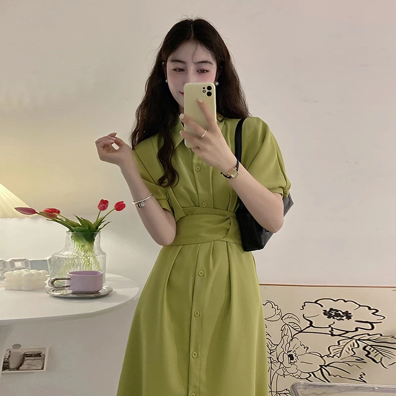 

Green shirt dress women's summer 2022 new Korean chic premium temperament medium length waist skirt